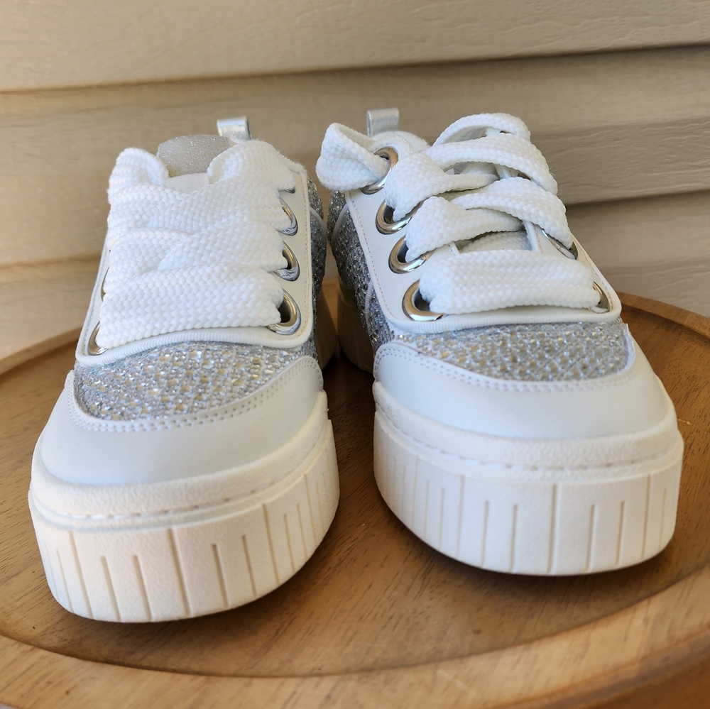 Gianni Bini White and Silver Glitter Platform Sneakers - Picture 3 of 10